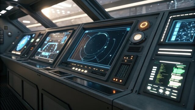A futuristic control panel with multiple screens displaying star maps and data, set in a spacecraft-like environment.