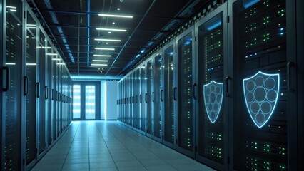 A modern server room featuring rows of data storage units with glowing lights, emphasizing a high-tech environment.