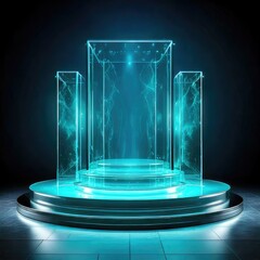 Empty,  glowing,  glass  podium  against  dark  background
