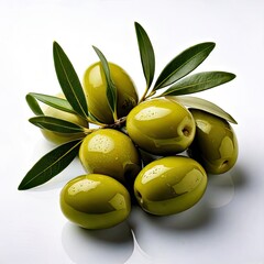 Fresh green olives with leaves on a white surface