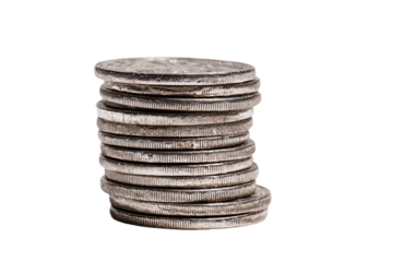 a stack of silver coins on a white background
