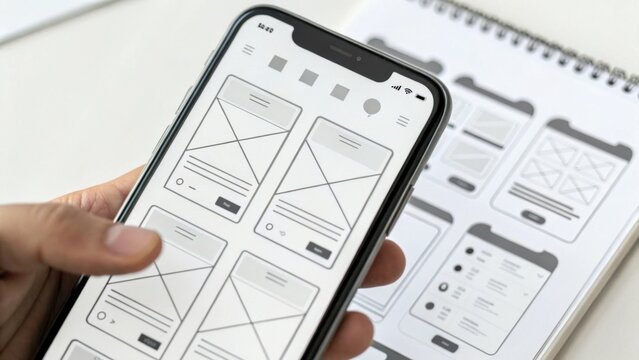 A person is reviewing mobile app wireframes on a smartphone, with additional sketches visible in a notebook, illustrating user interface design concepts.