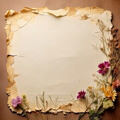 Aged parchment paper framed by dried flowers