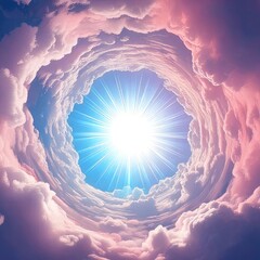 Radiant sunburst through a swirling cloud vortex