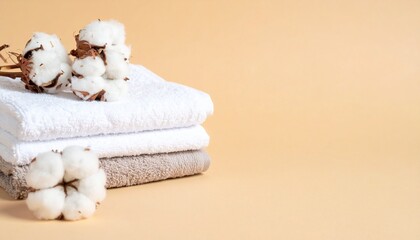 Cotton Blooms and Towels Stacked, Isolated on Beige Background