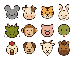 Cute Cartoon Chinese Zodiac Animals Set Illustration, 12 Zodiac Signs