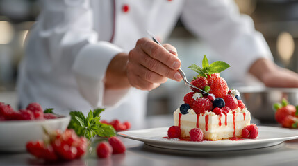 A chef meticulously decorating a beautiful dessert with fresh berries and mint. A culinary professional perfecting a gourmet dish