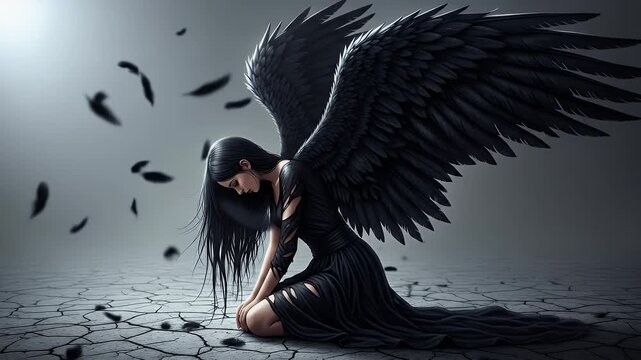 A sad and sorrowful fallen angel with black wings kneeling on cracked ground with falling feathers