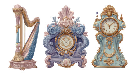 Elegant Vintage Harp and Ornate Clock Illustrations on Transparent Background
