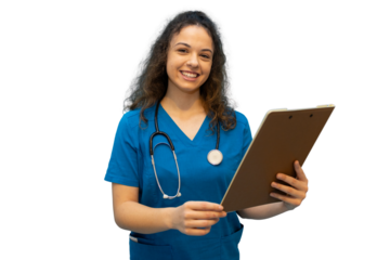 Confident female doctor gripping clipboard, smiling professionally while standing in medical setting with clean white background