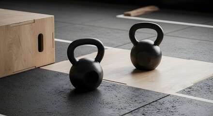 Gym Workout concept: Two unbranded kettlebells in plyo box zone, natural lighting, deep focus, ultrasharp textures, crisp edges.