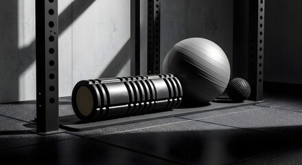 Gym Workout concept without people featuring foam roller and massage ball on a rubber mat in a rack bay with metal texture and geometric shadow, natural lighting, deep focus, and crisp edges.