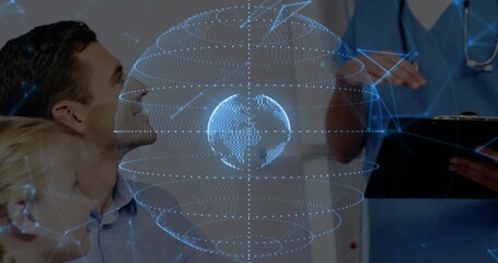 Doctor initiating holographic globe during medical consult explaining data for father and daughter - Powered by Adobe