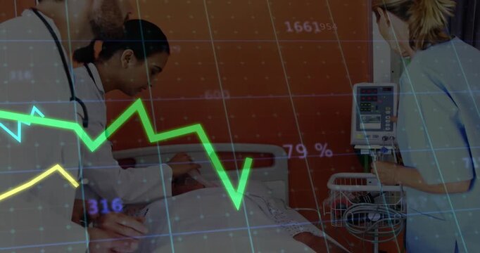 Healthcare team reviving patient when graphs showing and doctor prepping ambu, nurse adjusting IV