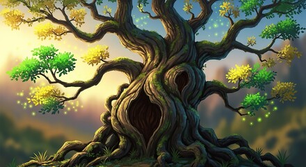 Enchanted tree with vibrant leaves and magical lights offers whimsical fantasy and imaginative wonder