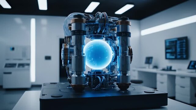 Futuristic laboratory device with glowing blue sphere, sci-fi concept