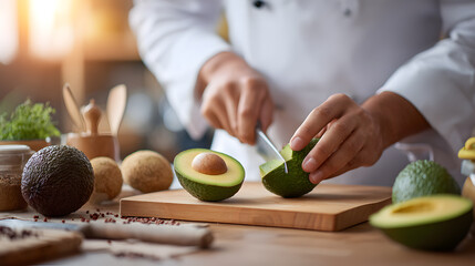 a chef expertly cuts an avocado on a wooden cutting board in a professional kitchen setting. Other avocados are also on the cutting board and table, accompanied by herbs and spices.