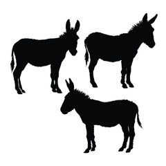 Collection of black and white donkey silhouettes isolated on white background