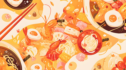 Flat vector comic style abstract background with cute colorful japanese food