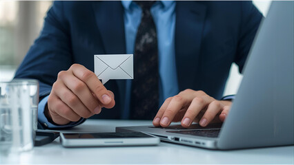 Email Interaction: A focused business professional's hands, typing on a sleek laptop, engaged in digital communication while holding a stylized email symbol