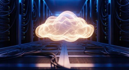 Modern server room with glowing cloud computing visualization for data storage and digital transformation