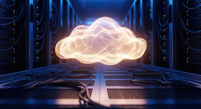 Modern server room with glowing cloud computing visualization for data storage and digital transformation - Powered by Adobe