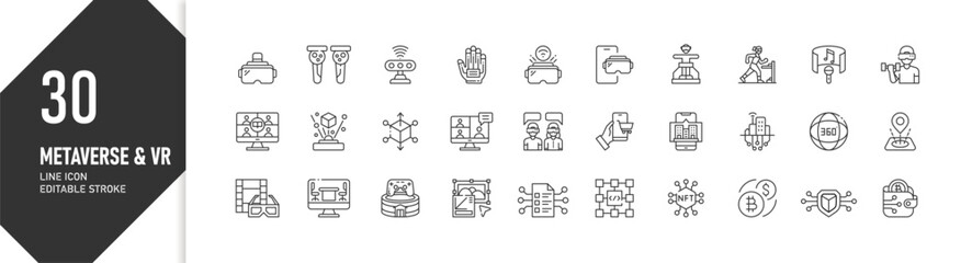 30 Metaverse & VR Line Icons Collection: Virtual Reality Design Elements Set