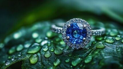 A Sparkling Sapphire Engagement Ring on a Dew-Kissed Leaf