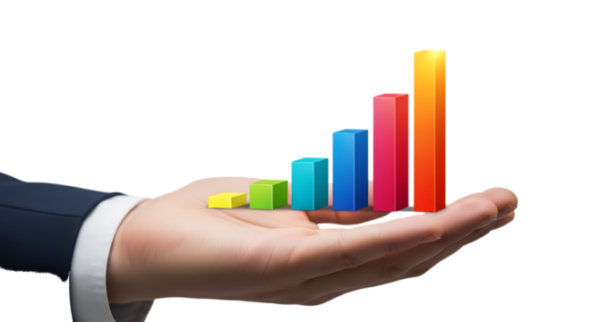 Hand holding colorful bar graph isolated on a transparent background