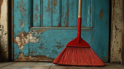 Rustic Red Broom Leaning Against Weathered Teal Door