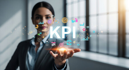 Confident Professional Woman Highlighting Large, Prominent KPI Text:
Dynamic Digital Dashboard with Performance Metrics and Analytics in a Modern Office