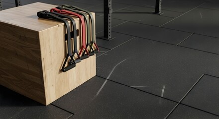 Gym Workout concept: Wooden plyo box with neatly stacked resistance bands. Natural lighting, deep focus, ultrasharp textures, crisp edges, clean composition, copy space. Noise-free, editorial safe.