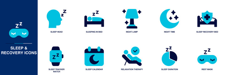 Sleep & Recovery Blue Colored Outline Icon Set