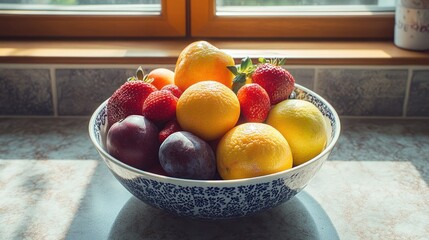 Sunlit Bowl of Fresh Fruit: Oranges, Strawberries, and Plums