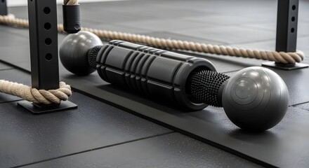 Gym Workout with foam roller and massage ball on a rubber mat, in a rope station