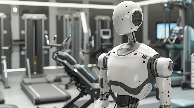 Humanoid robot standing in a modern fitness gym with exercise equipment in the background
