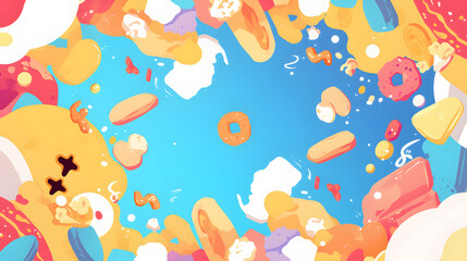Fototapeta premium Flat vector comic style abstract background with cute colorful donut and bread