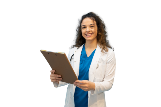 Confident medical professional reviewing patient chart, wearing white coat against neutral backdrop