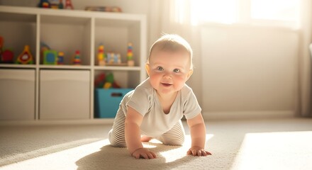 Naklejka premium Baby crawling on carpet in sunlit room sunlight