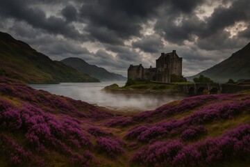Fototapeta premium Breathtaking Scottish Highland vista with rolling purple heather fields and ancient stone castle overlooking misty loch waters
