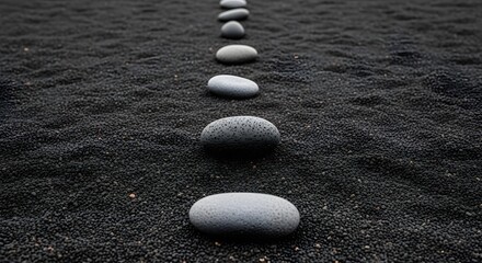 Running Outdoors concept: minimalist pace stones on volcanic ash trail, natural light, ultrasharp textures, clean composition, copy space, noise-free, editorial safe.