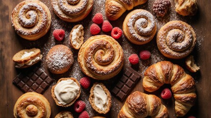 close-up shot of assorted pastries and delectable desserts arranged on a rustic wooden surface | food, bakery, indulgence, breakfast, celebration theme