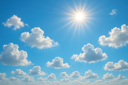 Brilliant azure sky with fluffy white cumulus clouds and golden sunbeams creating perfect spring day atmosphere for uplifting themes - Powered by Adobe