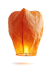 Glowing orange sky lantern floating with light on white background. 