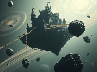 A fantastical castle floats in space, tethered by chains to giant asteroids within a cosmic vista.
