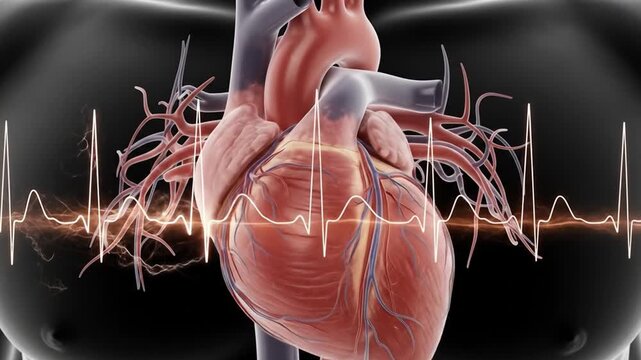 Anatomical heart render superimposed on a heartbeat graph and a silhouette of a torso