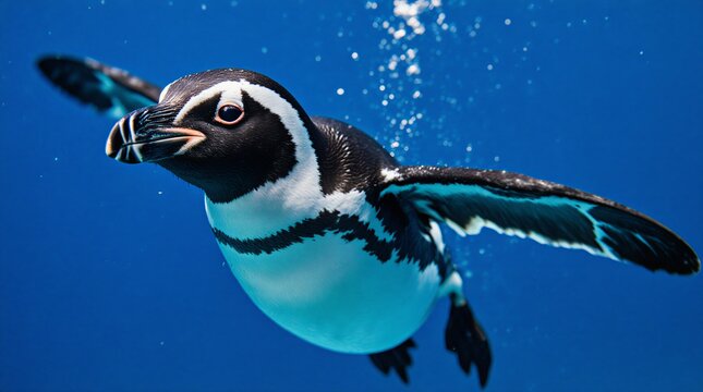 playful penguin gracefully swimming in a vibrant blue underwater environment | nature, wildlife, ocean, travel, marine theme