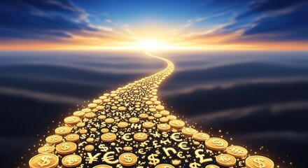Follow the money road to success financial freedom and prosperity with currency symbols in sunset sky