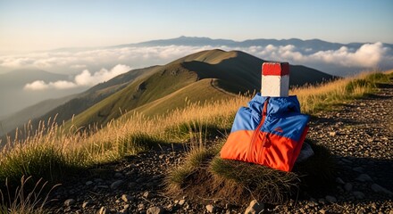 Running Outdoors concept: folded windbreaker near a marker in a mountain ridge track with low clouds and sunlit grass. Natural lighting, deep focus, clean composition.