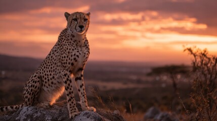 A cheetah gazes confidently, silhouetted against a vibrant sunset over an African landscape